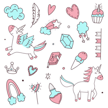 Cute hand drawn doodle unicorn, hearts, stars, clouds, ice cream, crown, rainbow. Vector illustrationのイラスト素材