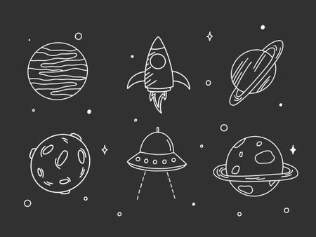 Set of hand drawn doodle space icons. Vector illustration.のイラスト素材