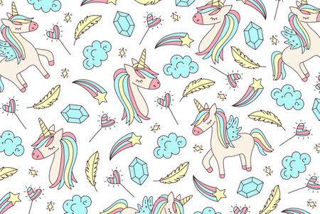 Seamless pattern with cute unicorns and magic items. Vector illustrationのイラスト素材