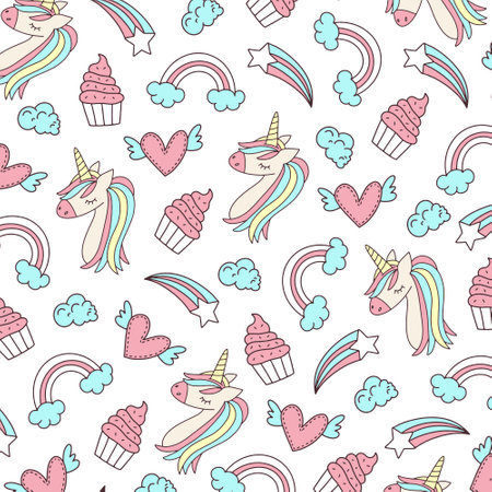 Seamless pattern with unicorns, rainbow, cupcake and hearts. Vector illustration.のイラスト素材