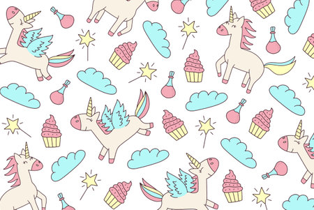 Seamless pattern with unicorns, stars, clouds, ice cream in pastel colors.のイラスト素材