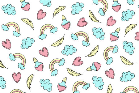 Seamless pattern with hand drawn rainbow, clouds, hearts and arrows.のイラスト素材