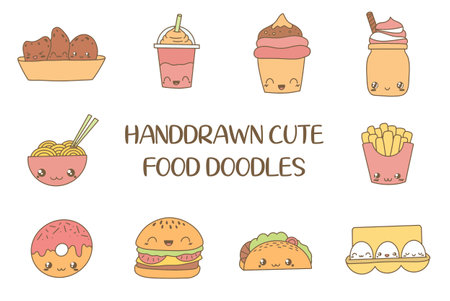 Set of hand drawn doodle fast food icons. Vector illustrationのイラスト素材