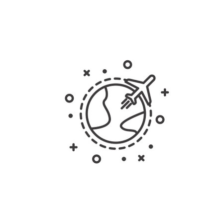 Airplane and planet line icon, outline vector sign, linear pictogram isolated on white. Symbol, illustration. Editable stroke. Pixel perfectのイラスト素材