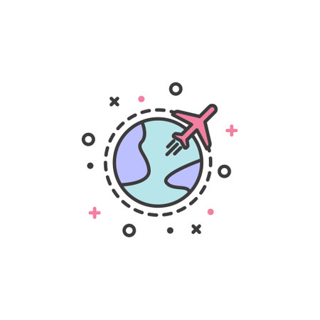 Airplane fly around the planet earth. Vector icon in a flat style.のイラスト素材