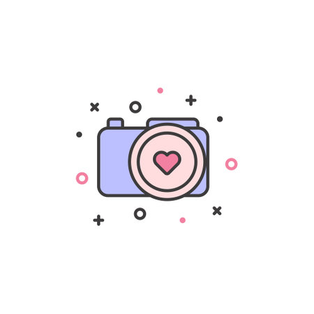 Camera with heart icon, line vector illustration, editable stroke.のイラスト素材