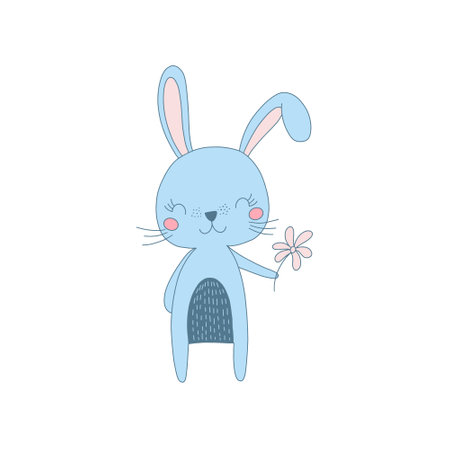 Cute cartoon rabbit with a flower. Vector illustration isolated on a white background.のイラスト素材