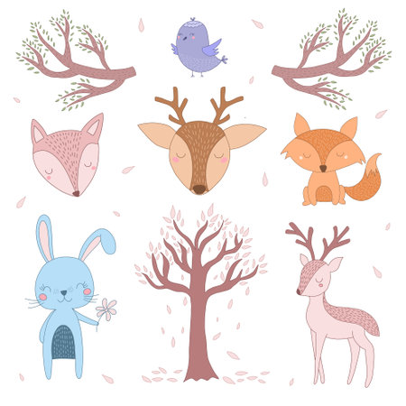 set of cute animals in the forest, vector illustration in a flat styleのイラスト素材