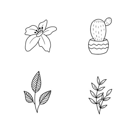 Cactuses and succulents linear icons set. Outline hand drawn vector illustrations.のイラスト素材