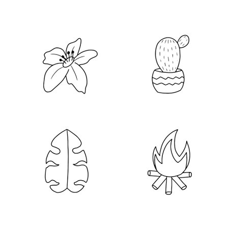 Camping linear icons set. Cactus, flower, cactus, fire. Isolated vector contour illustrationsのイラスト素材