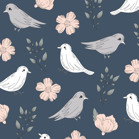 Seamless pattern with cute birds and flowers. Vector illustration.のイラスト素材