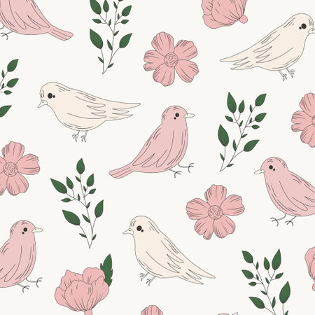 Seamless pattern with cute birds and flowers. Vector illustration.のイラスト素材