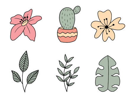 Set of hand drawn tropical plants and flowers. Vector illustration in doodle style.のイラスト素材