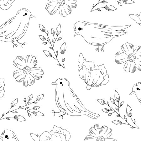 Seamless pattern with cute birds and flowers. Vector illustration.のイラスト素材