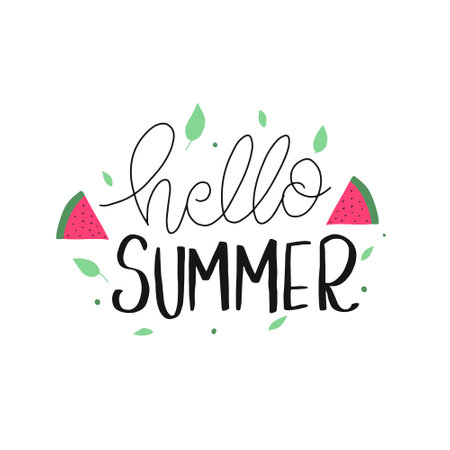 Hello Summer. Hand drawn lettering phrase. Vector illustration. Isolated on white background.のイラスト素材