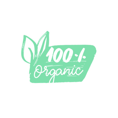 100 organic. Hand drawn lettering with green leaves. Vector illustration.のイラスト素材