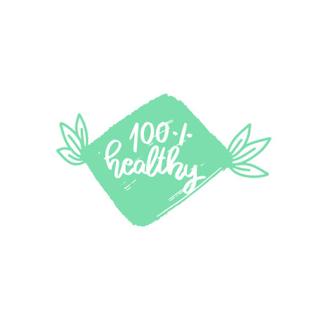 100% natural, hand drawn lettering on green background. Vector illustrationのイラスト素材