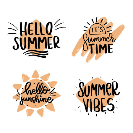 Hello Summer. Set of hand drawn lettering phrases. Vector illustration.のイラスト素材