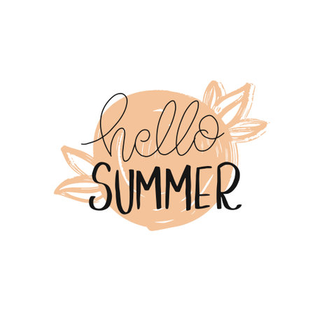 Hello Summer. Hand drawn lettering phrase. Vector illustration. Isolated on white background.のイラスト素材