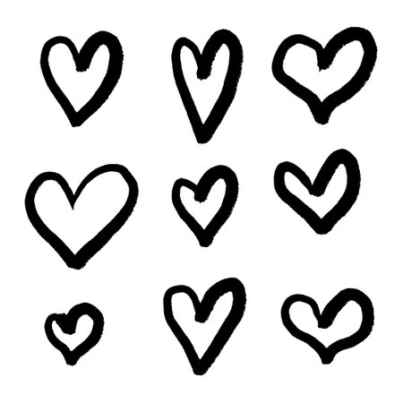 Set of hand drawn hearts. Black and white vector illustration isolated on white background.のイラスト素材