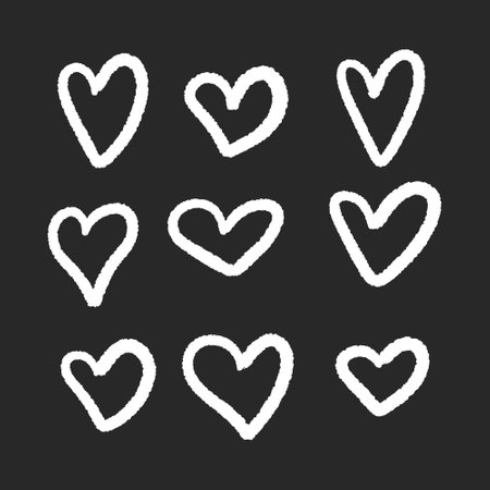 Hearts chalk white icons set on black background. Heart shape. Isolated vector chalkboard illustrationsのイラスト素材