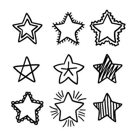 Star doodle icon set. Hand drawn star doodle vector illustrationのイラスト素材