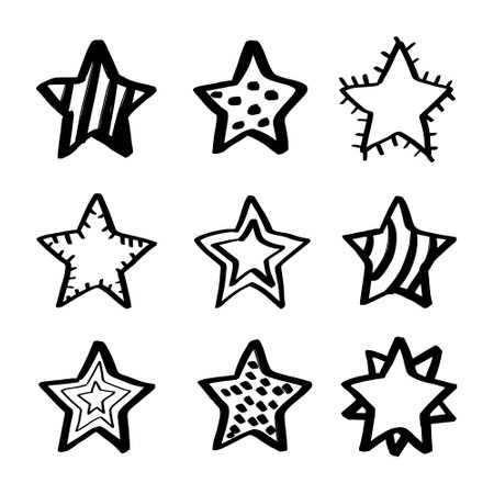 Set of hand drawn star doodle icons. Vector illustration.のイラスト素材