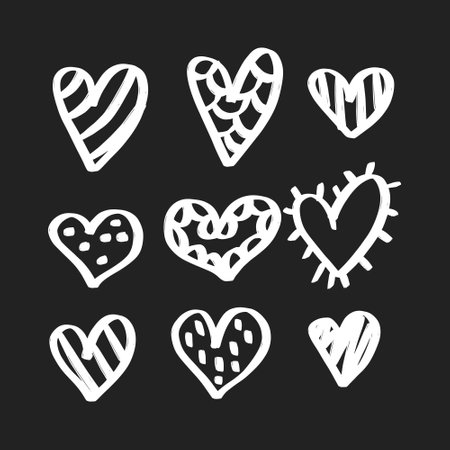 Set of hand drawn doodle hearts isolated on black background. Vector illustration.のイラスト素材