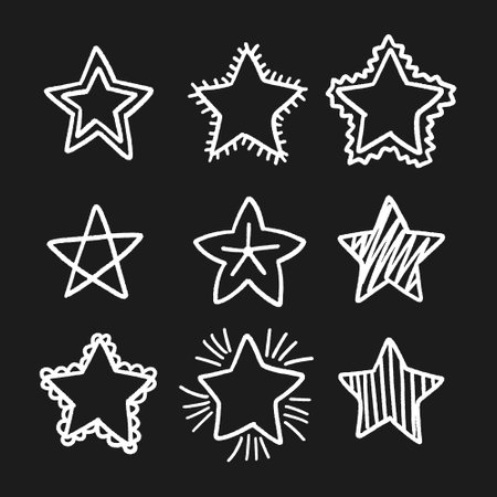 Star doodle icons set. Vector illustration. Isolated on black background.のイラスト素材