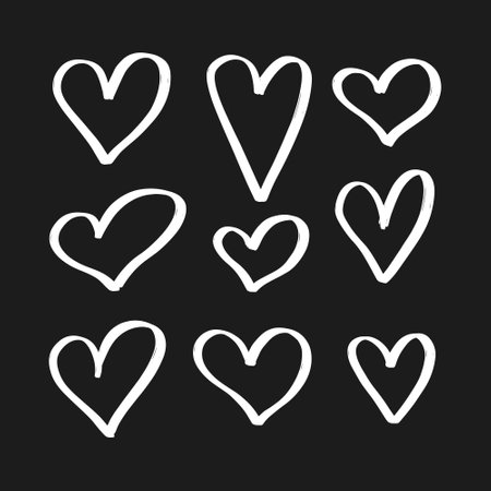 Set of hand drawn doodle hearts isolated on black background. Vector illustration.のイラスト素材