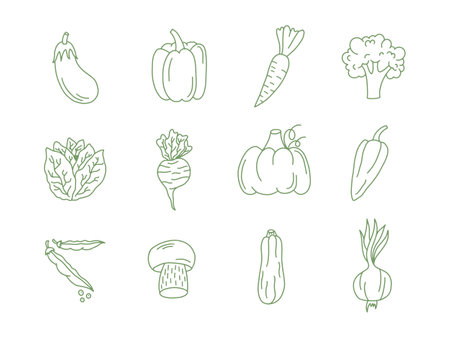 vegetables icon set over white background, line style, vector illustrationのイラスト素材
