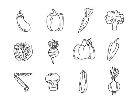 vegetables icon set over white background, line style, vector illustrationのイラスト素材