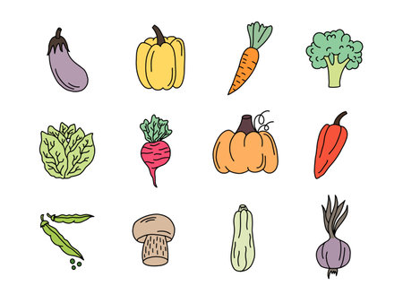 Vegetables hand drawn doodle icon set. Vector illustrationのイラスト素材