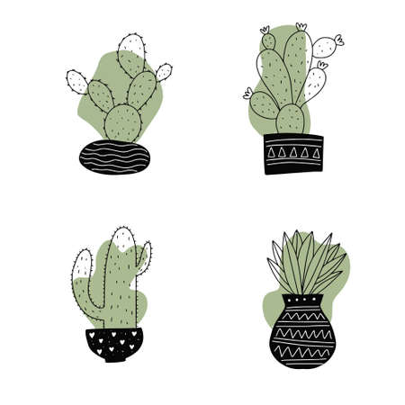 Set of Cute cartoon cactus and succulents drawing. Cacti doodle illustration set. can be used for cards, invitations or like stickerのイラスト素材