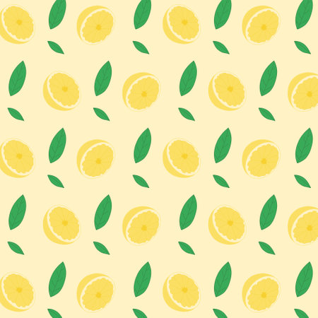 Seamless pattern with lemons and green leaves on a yellow background.のイラスト素材