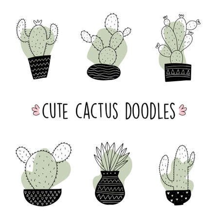 Set of Cute cartoon cactus and succulents drawing. Cacti doodle illustration set. can be used for cards, invitations or like stickerのイラスト素材