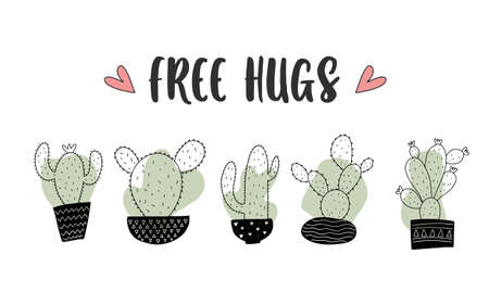 Set of Cute cartoon cactus and succulents drawing. Cacti doodle illustration set. can be used for cards, invitations or like stickerのイラスト素材