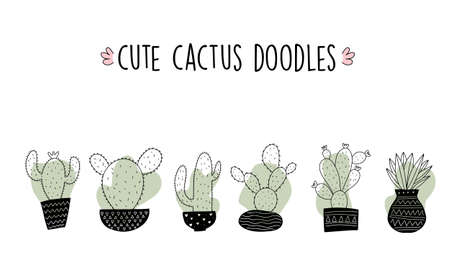 Set of Cute cartoon cactus and succulents drawing. Cacti doodle illustration set. can be used for cards, invitations or like stickerのイラスト素材