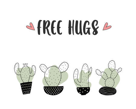 Set of Cute cartoon cactus and succulents drawing. Cacti doodle illustration set. can be used for cards, invitations or like stickerのイラスト素材