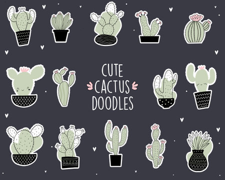 Cute hand drawn cactuses and succulents. Vector illustrationのイラスト素材
