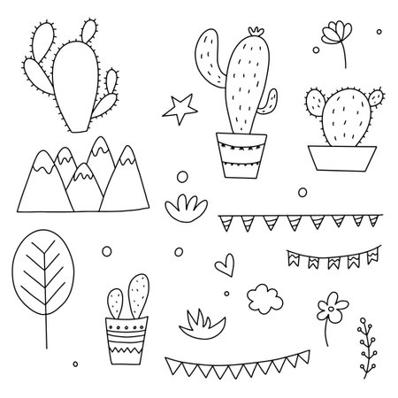 Cactus doodle set. Cactuses, succulents, leaves, flowers, flags. Vector illustration.のイラスト素材