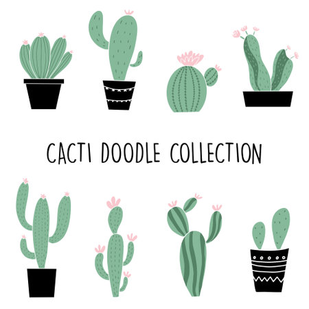 Cacti set. Collection of cacti in pots. Vector illustrationのイラスト素材