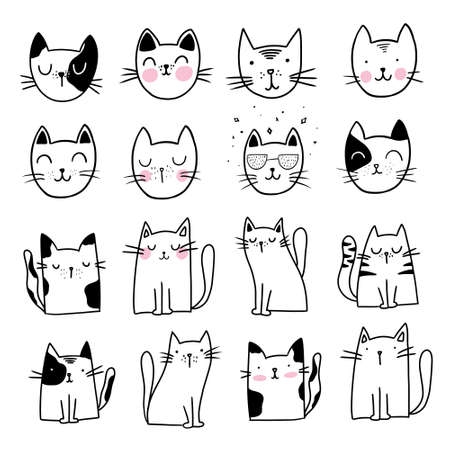 Cute Cat Doodle style illustrations. Set of Funny hand drawn cats.のイラスト素材