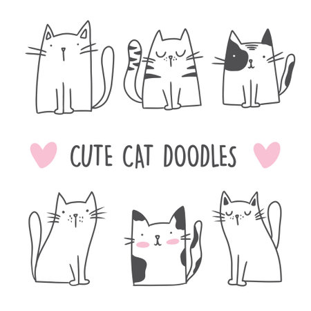 Cute Cat Doodle style illustrations. Set of Funny hand drawn cats.のイラスト素材