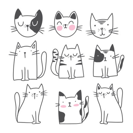 Cute Cat Doodle style illustrations. Set of Funny hand drawn cats.のイラスト素材