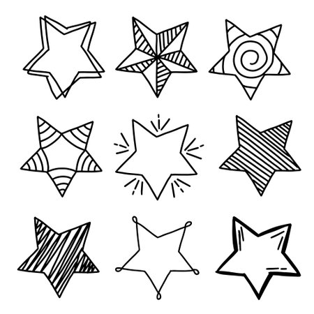 Star doodle set. Hand drawn stars. Vector illustration.のイラスト素材