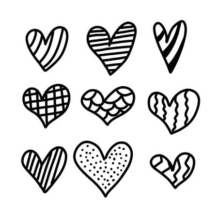 Set of six handdrawn heart. Handdrawn rough marker hearts isolated on white background. Vector illustration for your graphic design.のイラスト素材
