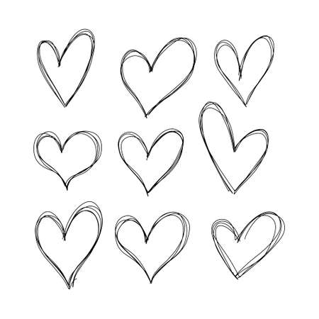 Set of six handdrawn heart. Handdrawn rough marker hearts isolated on white background. Vector illustration for your graphic design.のイラスト素材
