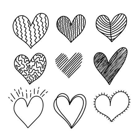 Set of six handdrawn heart. Handdrawn rough marker hearts isolated on white background. Vector illustration for your graphic design.のイラスト素材