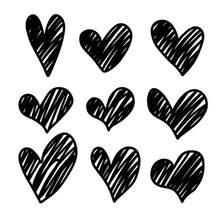 Set of six handdrawn heart. Handdrawn rough marker hearts isolated on white background. Vector illustration for your graphic design.のイラスト素材